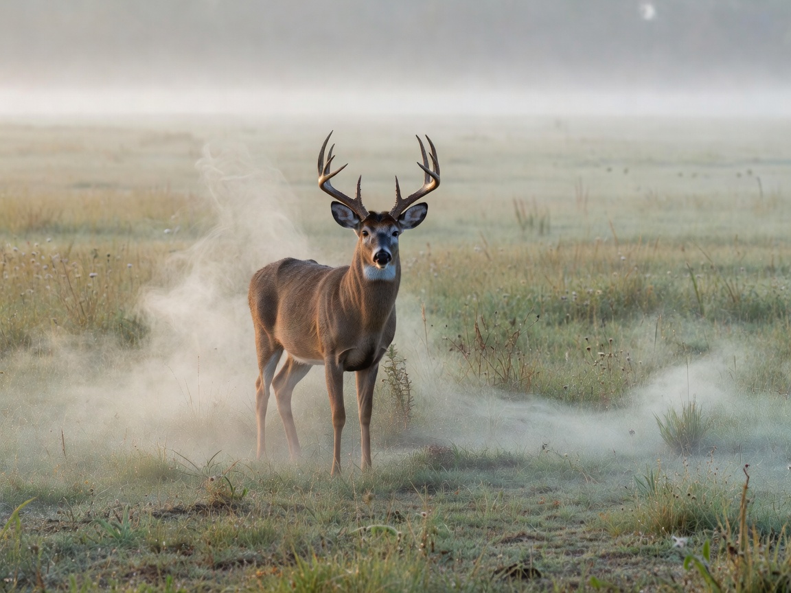 A mature whitetail buck standing in a misty field