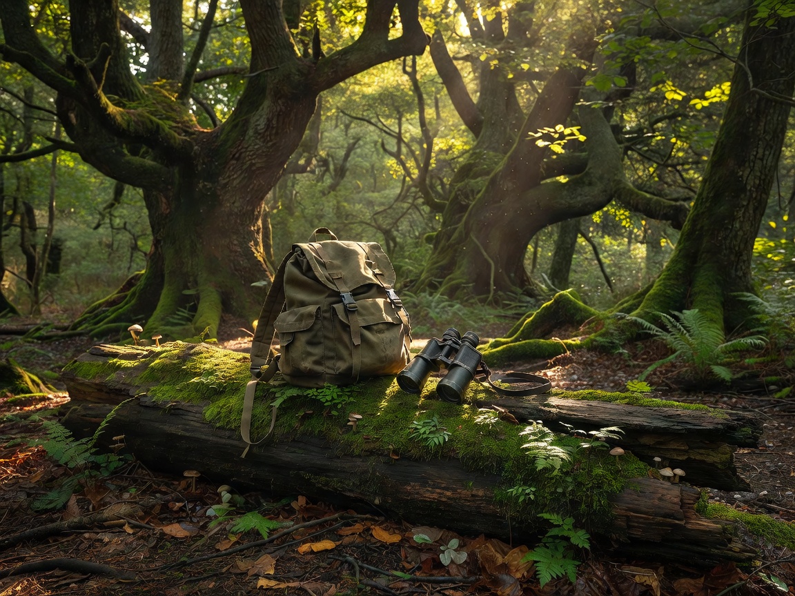 Backpack and binoculars resting on a log in the forest