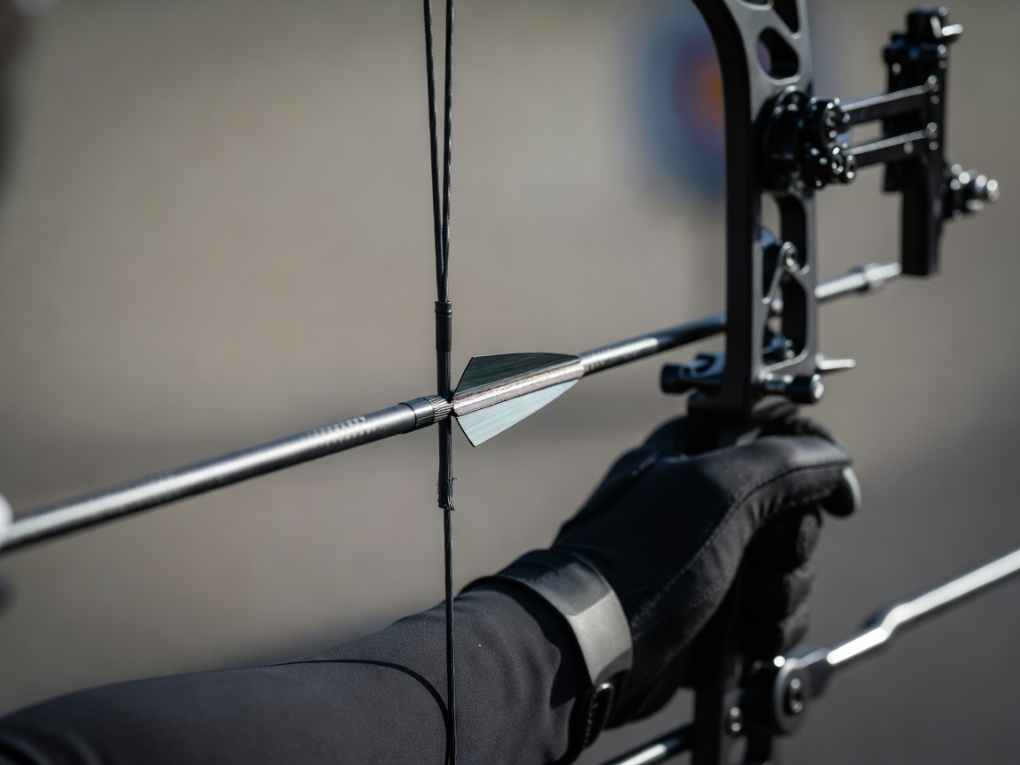 Close up of an arrow nocked on a compound bow string