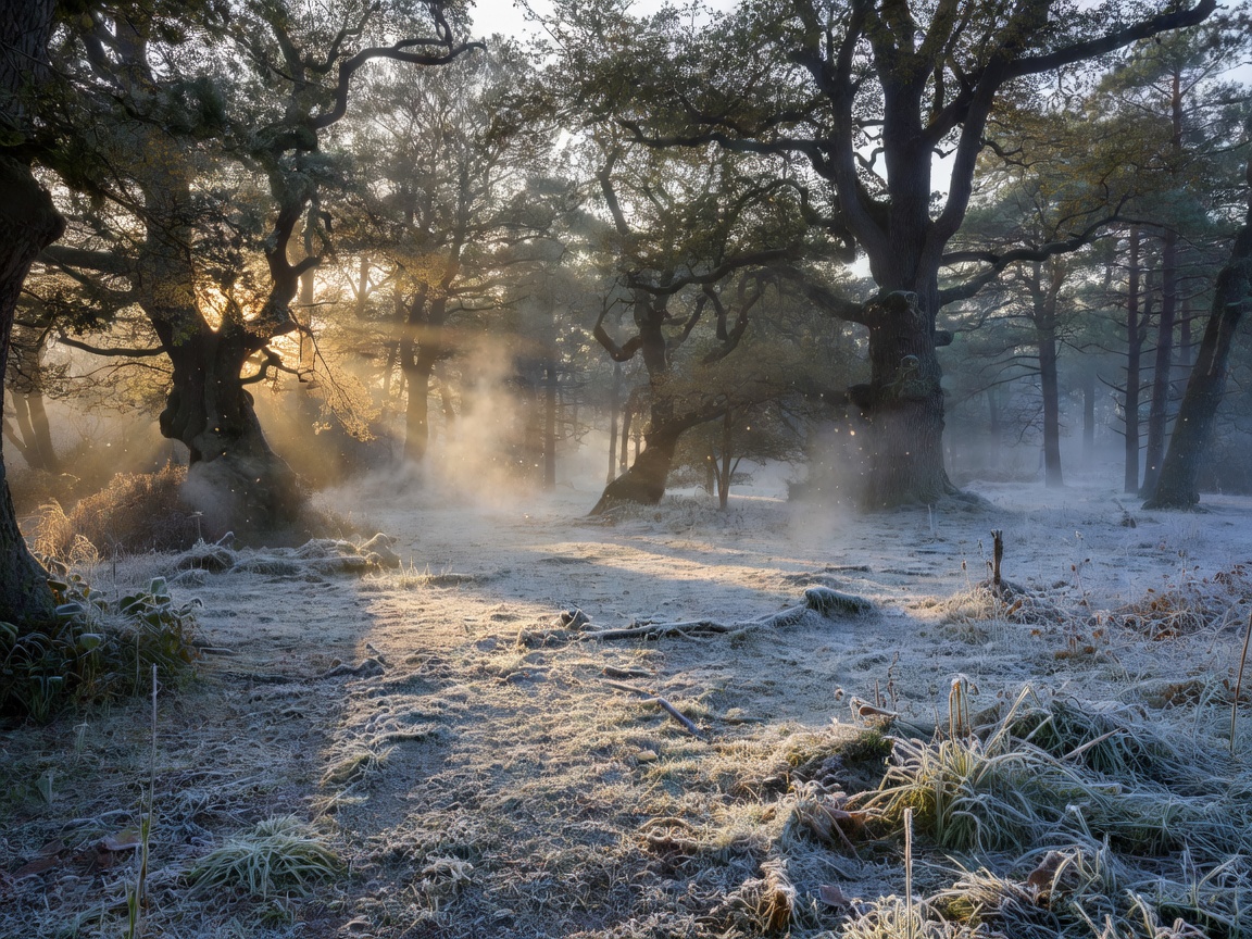 Dense forest clearing during early morning frost