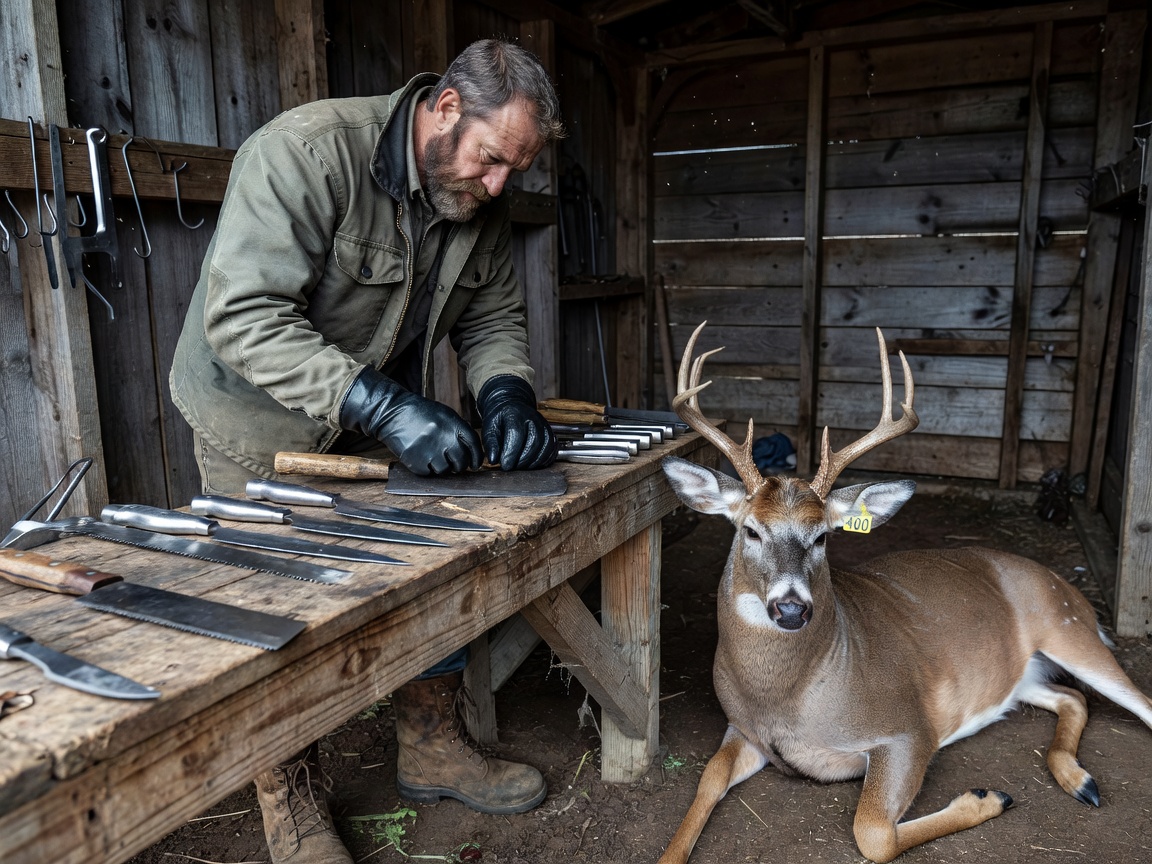 Hunter wearing latex gloves preparing tools next to harvested game