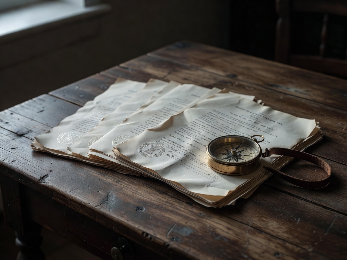 Official documents and compass on a wooden table