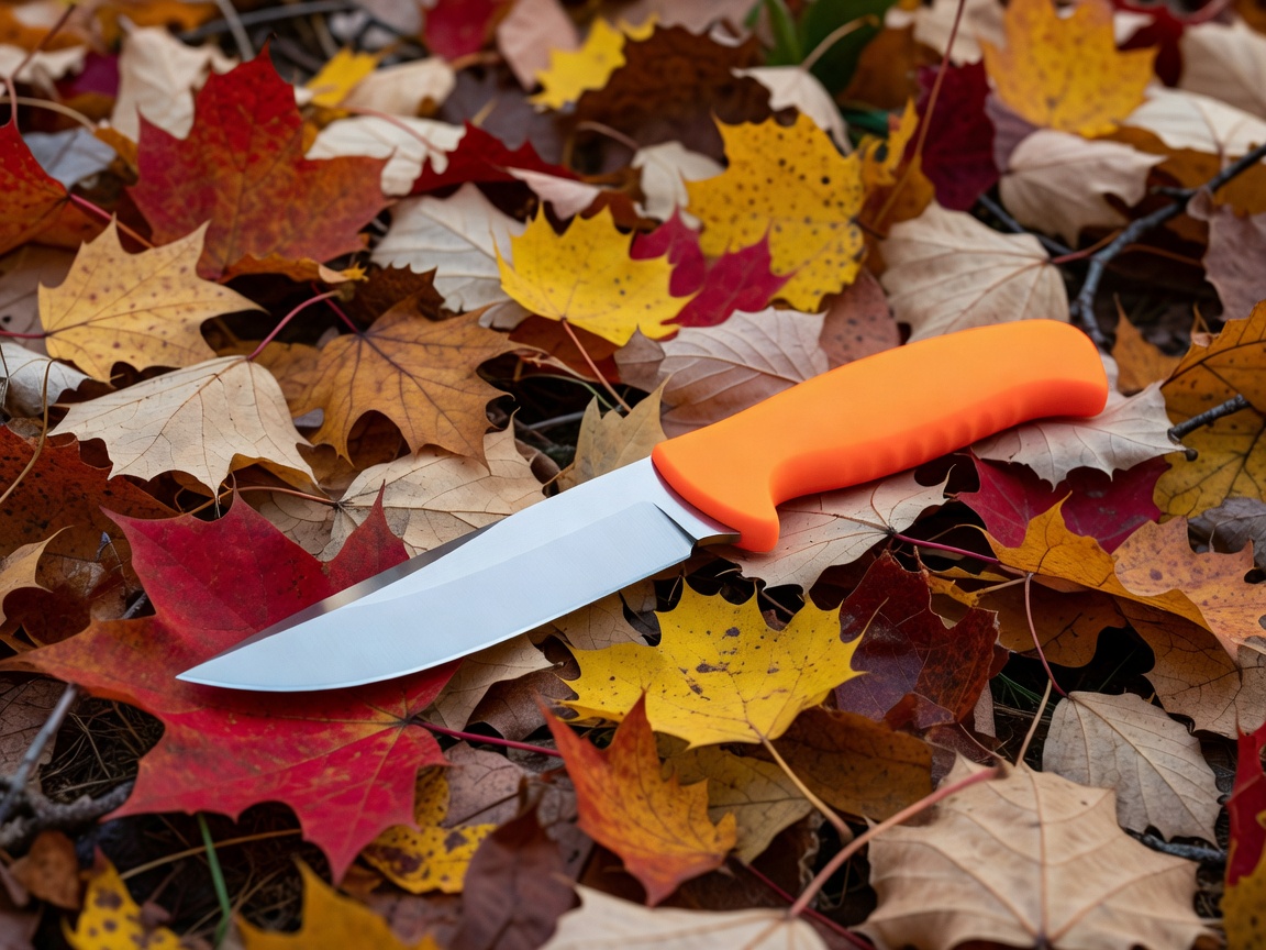 Sharp hunting knife with orange handle laying in autumn leaves