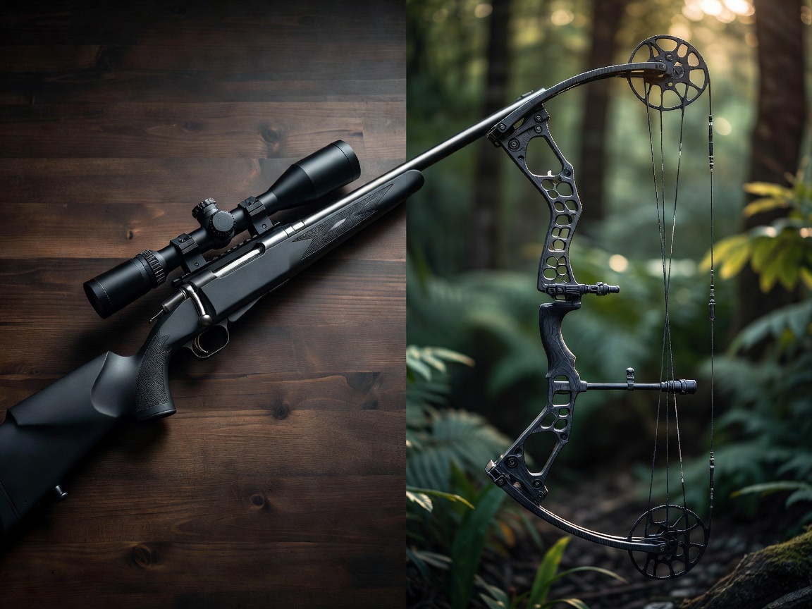Side by side split image of a modern hunting rifle and a compound bow