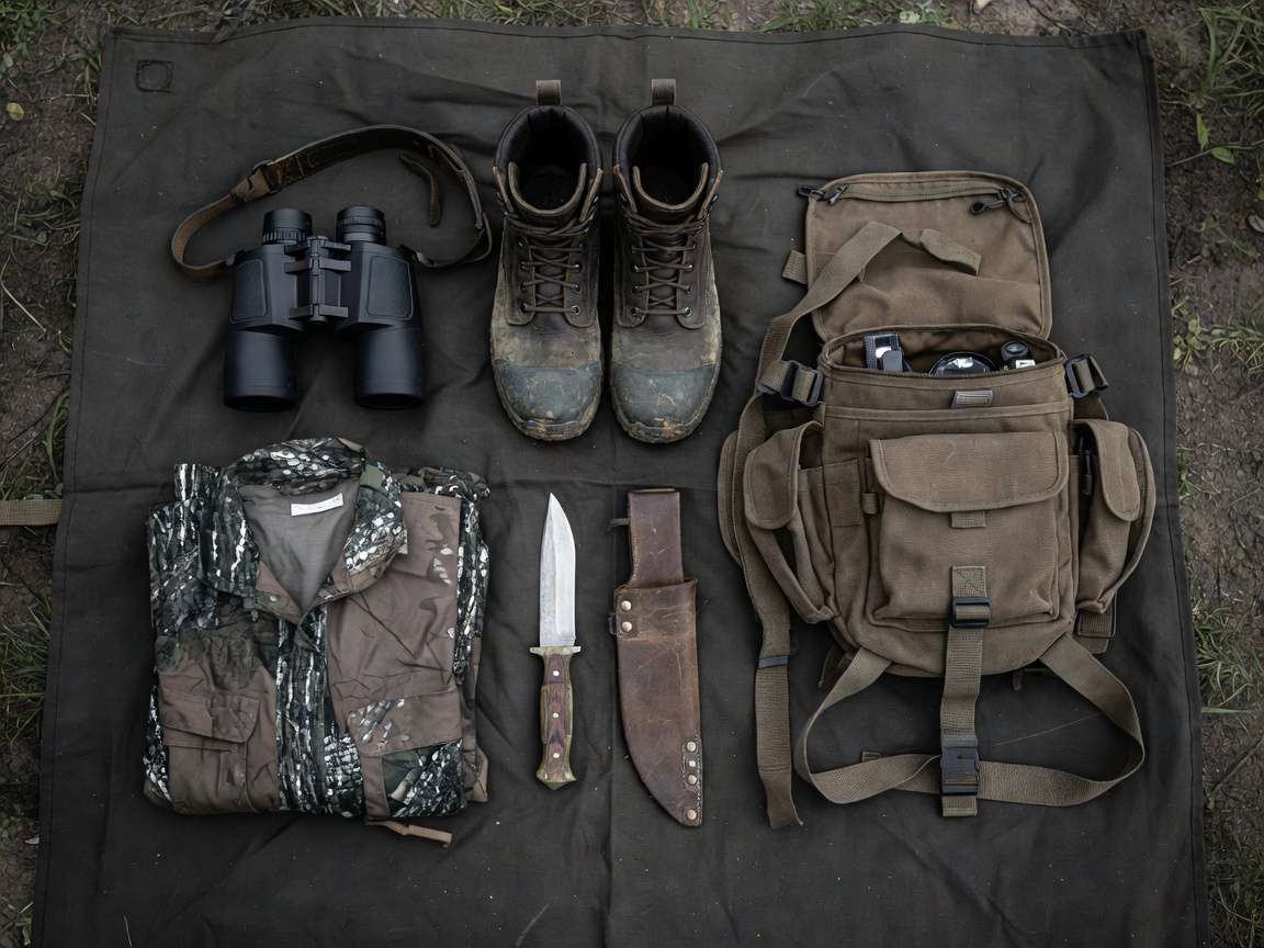 Various hunting gear laid out on a dark tarp including binoculars and boots
