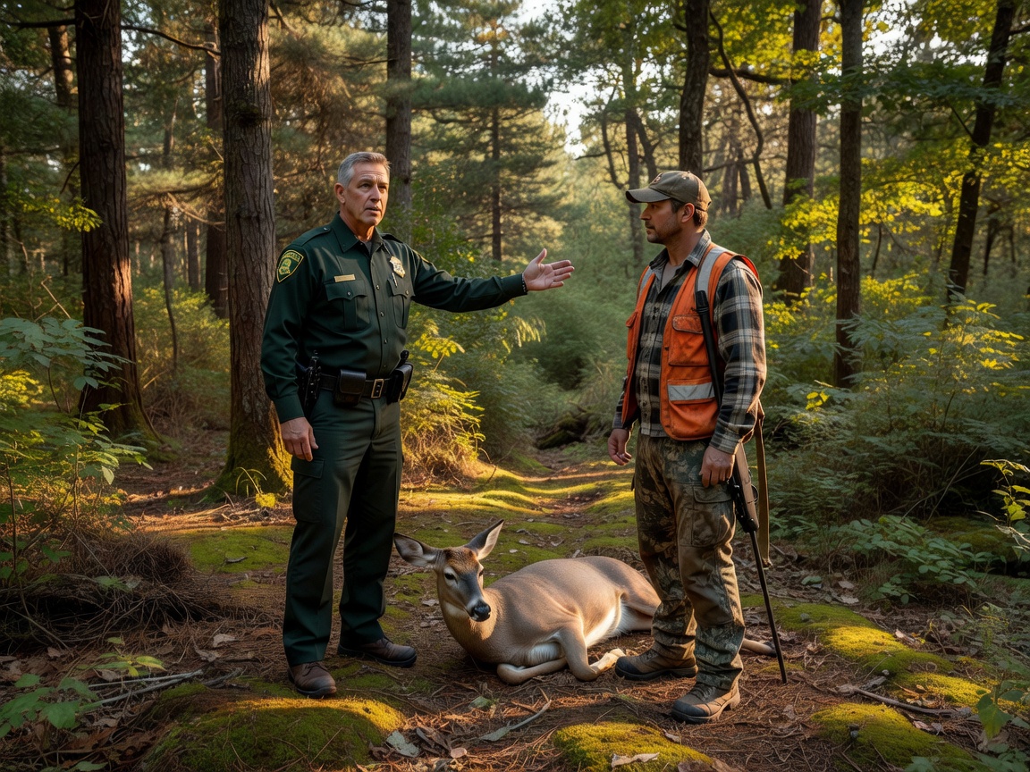 Wildlife officer talking to a hunter in the woods